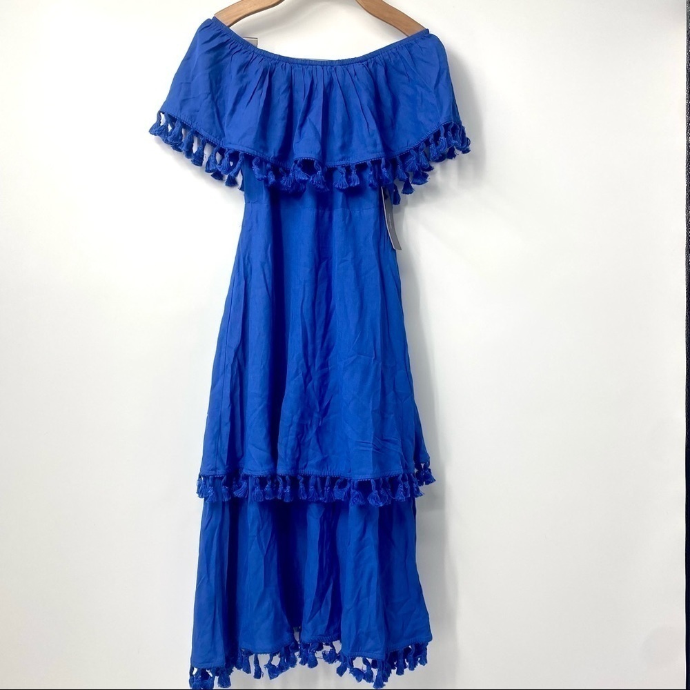 Lulu’s Pensacola blue off shoulder tiered tassel midi dress NWT! S - Picture 3 of 12